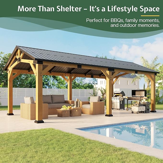 Jocisland 12x24x9.5 FT Cedar Wood Hardtop Carport with Steel Roof, Waterproof Outdoor Gazebo Pavilion, Heavy-Duty Snow & Wind Resistant Canopy for Patio, Driveway, Garden