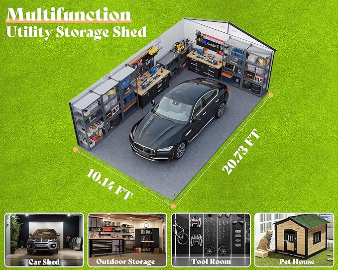 AMERLIFE 10x21x7.3 FT Outdoor Metal Garage Shed, Extra Large Storage Shed with Double Hinged Doors, 4 Windows, Carport for Car, Midsize SUV and Lawn Equipment, Dark Gray