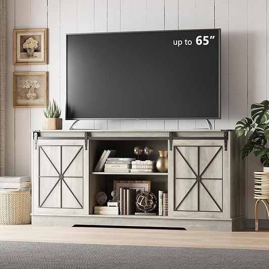 Farmhouse TV Stand for 65/60/55 Inch Tvs, Rustic Entertainment Center with Storage Cabinets & Sliding Barn Doors, Modern Media Console Table, Wood Television Furniture for Living Room, Bedroom, Grey
