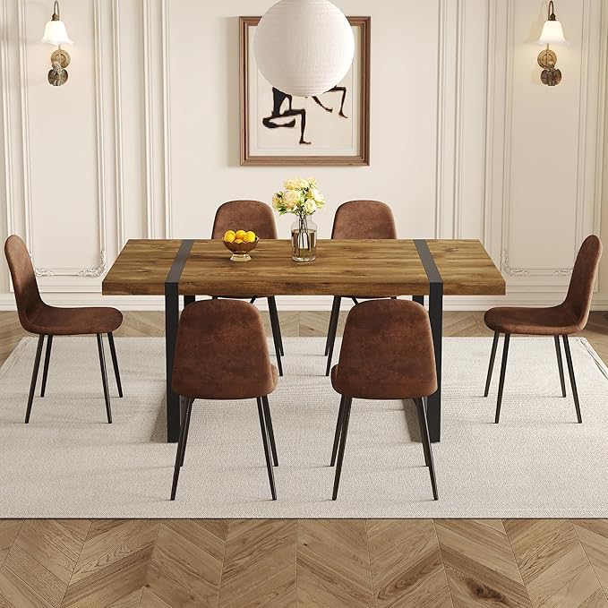 Rustic 7 Piece Dining Room Table Set for 6 People, Mid Century Modern 71 Inch Rectangle Wood Kitchen Dining Table with 6 Fabric Chairs Set, Suitable for Kitchen Dining Room Apartment
