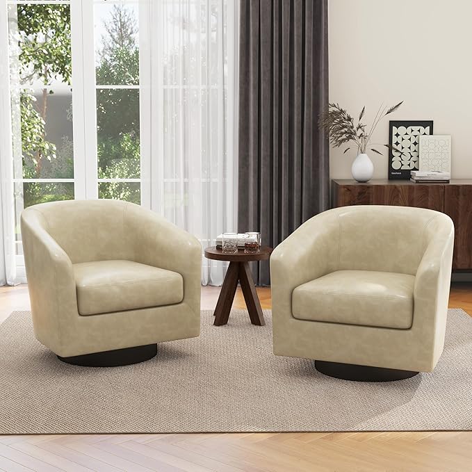 UIXE Swivel Barrel Accent Chairs Set of 2, PU Leather Round Upholstered Armchair for Living Room, Modern Arm Chair Small Single Sofa Bedroom Side Reading Seat - Cream