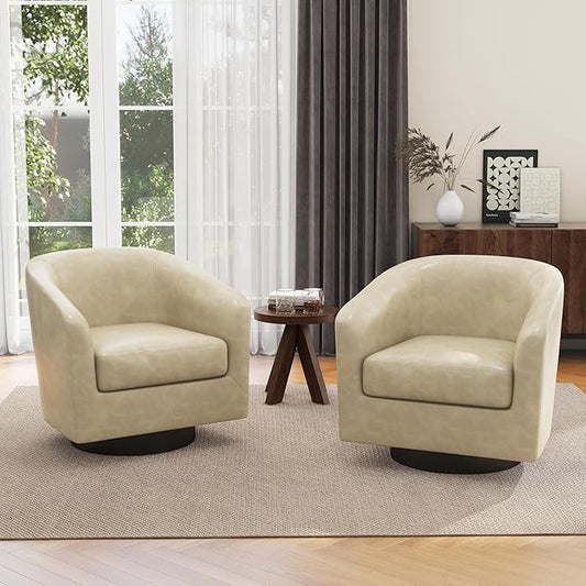 UIXE Swivel Barrel Accent Chairs Set of 2, PU Leather Round Upholstered Armchair for Living Room, Modern Arm Chair Small Single Sofa Bedroom Side Reading Seat - Cream
