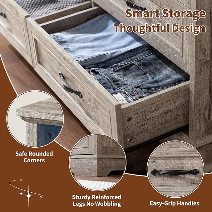 Dressers for Bedroom,6 Drawers Dresser with LED Light,Power Outlets and Open Shelves,Chests of Drawers for 65 inch TV, for Hallway, Entryway, Light Rustic Oak