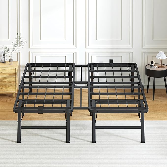 14 Inch Queen Metal Bed Frame Folding Bed Frame Tool-Free Assembly Mattress Foundation No Box Spring Needed Platform 2500lbs Heavy Duty Steel Slats, Noise-Free, Easy Assembly, Black