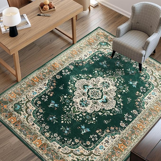 Vintage Area Rug 5x8 Rugs, Machine Washable Vintage Area Rug Non-Slip Low Pile Large Rug for Living Room, Bedroom, Farmhouse, Dining Room, Green