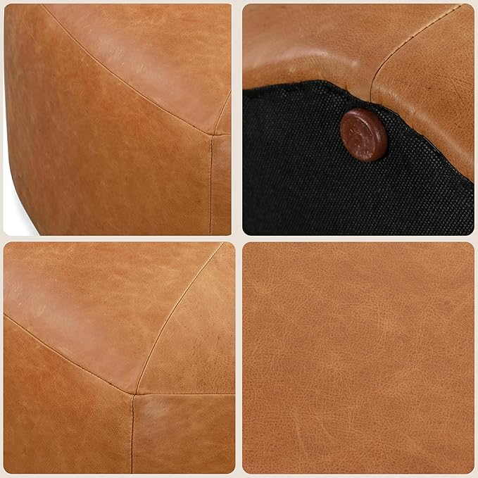 Poly & Bark Porto Ottoman – 37" Pentagon Pouf with Feather-Down Topper – Full-Grain Leather Upholstered Pouf Ottoman for Living Room – Vintage Italian Leather in Cognac Tan