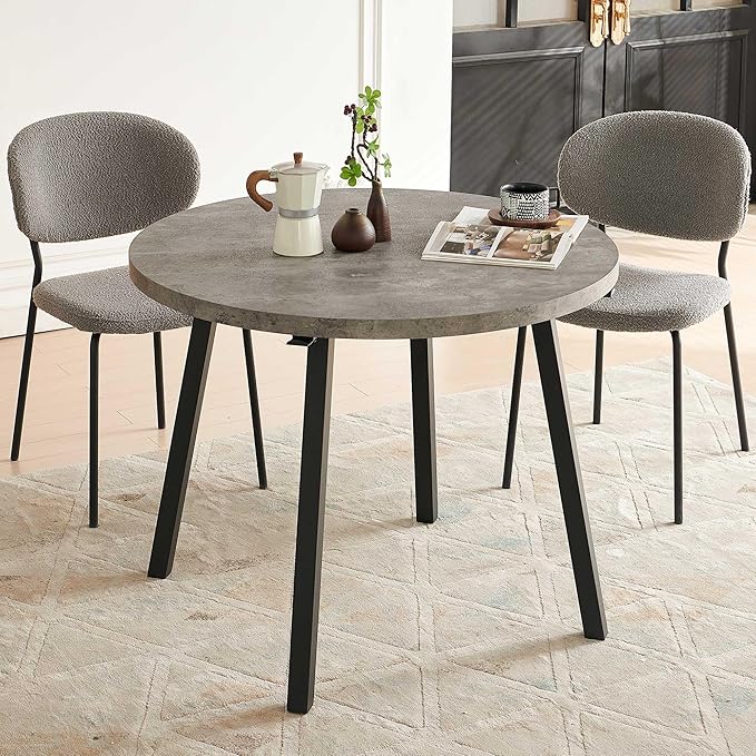 3-Pieces Kitchen Dining Table Set for 2, Grey Round Table MDF with 4 Metal Hooks for Hanging, Modern Dining Table Set with 2 Seated Grey Boucle Dining Chairs for Living Room, Apartment
