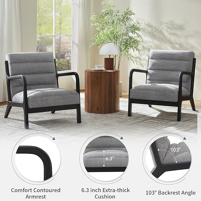 VKNOW Accent Chair with RubberWood Frame, Mid-Century Modern Upholstered Reading Armchair, High Back Lounge Armchair Living Room Chair for Bedroom Reading Room, Grey