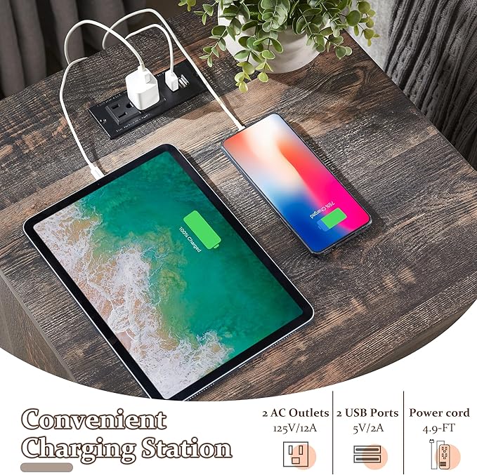 T4TREAM Nightstand with Charging Station, End Table, Side Table with 2 Drawers Storage Cabinet for Bedroom, Living Room, Farmhouse Design, Wood Rustic, Dark Rustic Oak