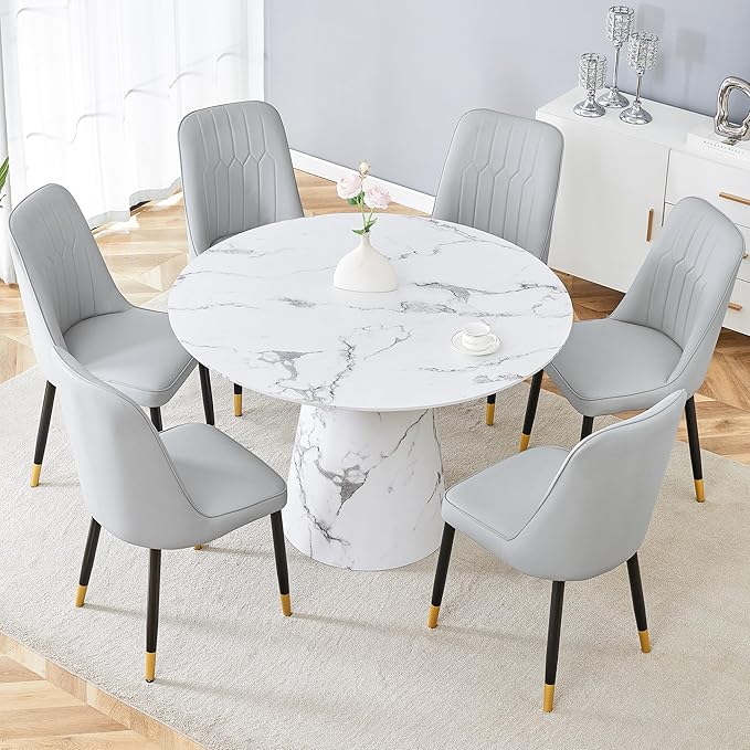 45 Inch Round Dining Table Set for 6, 7 Piece Kitchen Table and Chairs Set, White Faux Marble Table Top, Small Space Dining Set for Apartment or Dining Room