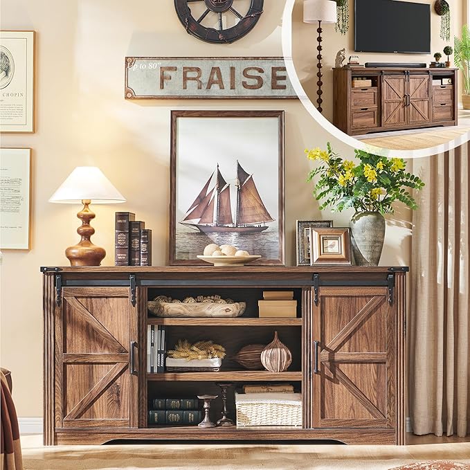 LINGMU Farmhouse TV Stand for 75 80 Inch TV, 32" Tall Entertainment Center w/4 Drawers & Sliding Barn Door, Rustic Media Console w/Storage Shelves, 66" Wood Television Stand for Living Room, Brown