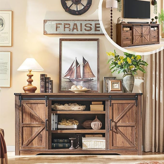 LINGMU Farmhouse TV Stand for 75 80 Inch TV, 32" Tall Entertainment Center w/4 Drawers & Sliding Barn Door, Rustic Media Console w/Storage Shelves, 66" Wood Television Stand for Living Room, Brown