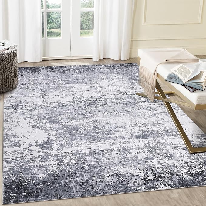 9x12 Modern Abstract Accent Rug Non Slip Stain Resistant Washable Low Pile Accent Washable Rug for Living Room Bedroom Indoor Floor Cover Office Home Decor, Light Grey
