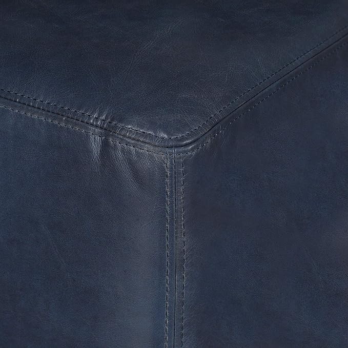 Poly & Bark Sequoia Ottoman – 35” Square Pouf with Feather-Down Topper – Full-Grain Leather Upholstered Pouf Ottoman for Living Room – Italian Leather in Midnight Blue