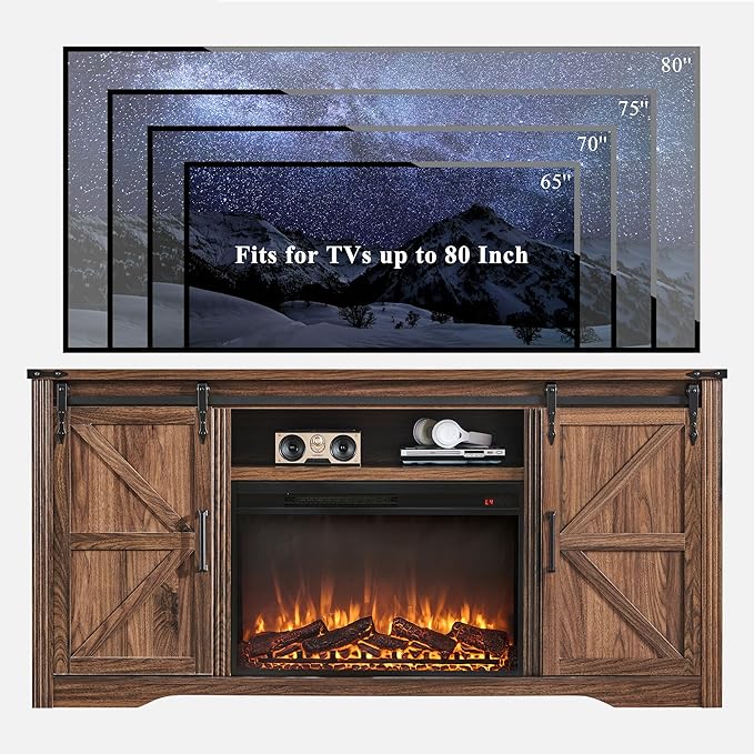 JXQTLINGMU Farmhouse Fireplace TV Stand for 80 Inch TV, 32" Tall Entertainment Center w/Drawer & Sliding Barn Door, 70 Inch Highboy Media Console for Living Room, Brown