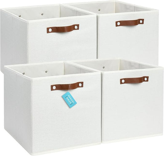 OrganiHaus 13x13 Cube Fabric Storage Bins Set of 4, Fabric Storage Cubes w/ Vegan Handles, 13 inch Collapsible Bins for Clothes & Toy Organizer, Cubbies Organizer, 13x13 Basket for Decor - White