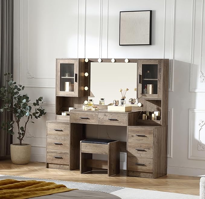 Extra Large Vanity with Folding Up Mirror and Lights,58.3'' Makeup Vanity Desk with Mirror and Lights,Outlet, Chair and Two Makeup Organizers,Dressing Table for Bedroom,Grey