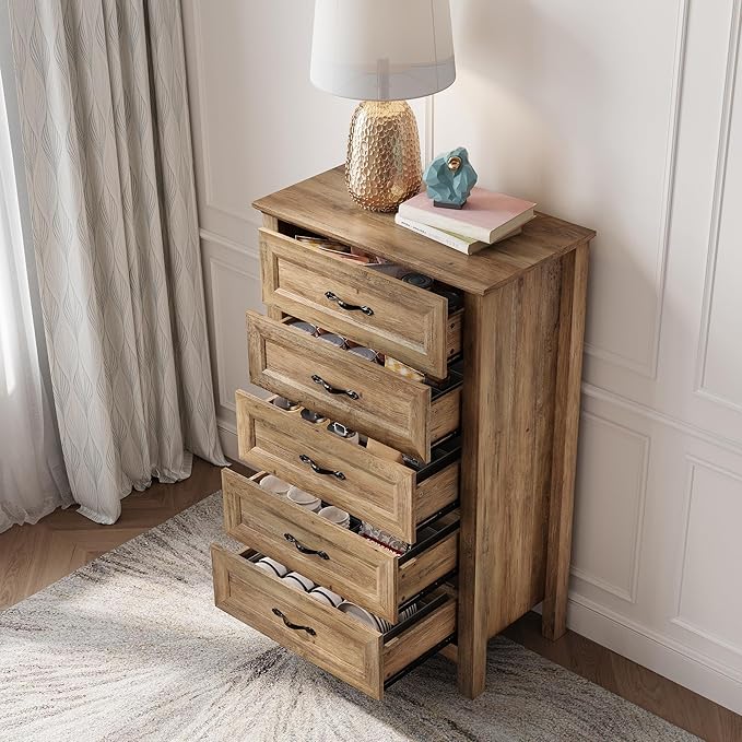 LINSY HOME 5 Drawers Dresser for Bedroom, Wood Tall Chest of Drawer with Metal Handle, Modern Farmhouse Dressers with Storage Organizer for Closet, Living Room, Hallway, Rustic Brown