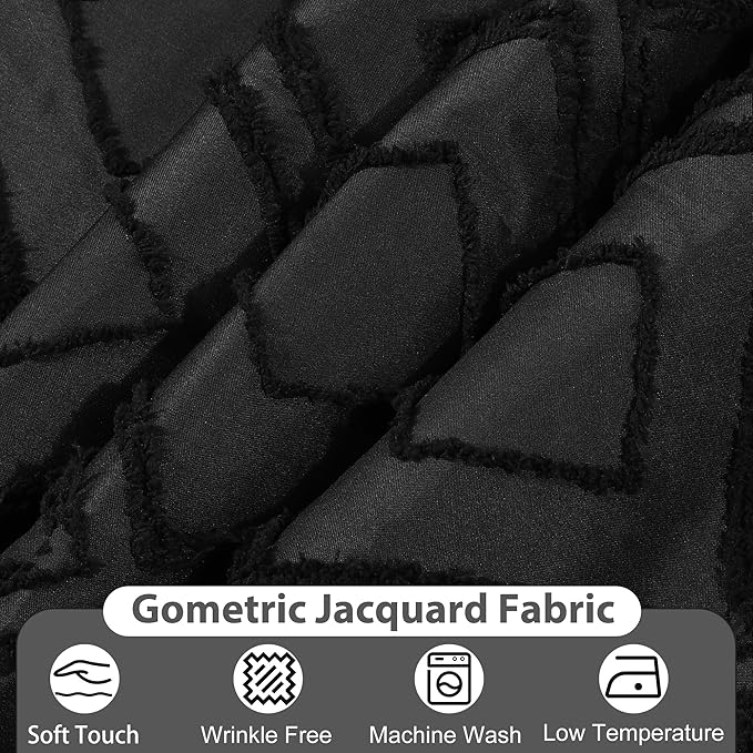 No Hook Shower Curtain Set with Snap in Liner, Black Jacquard Tufted Geometric Bath Curtain, Boho Luxury Hotel Bathroom Decor, Waterproof Washable, 71 x 74 Inch