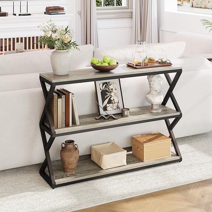 Industrial 3-Tier Console Table, Rustic Long Entryway Sofa Table with Storage Shelves, Light Gray TV Stand for Living Room & Hallway, Modern Farmhouse Decor (47.2 inch)
