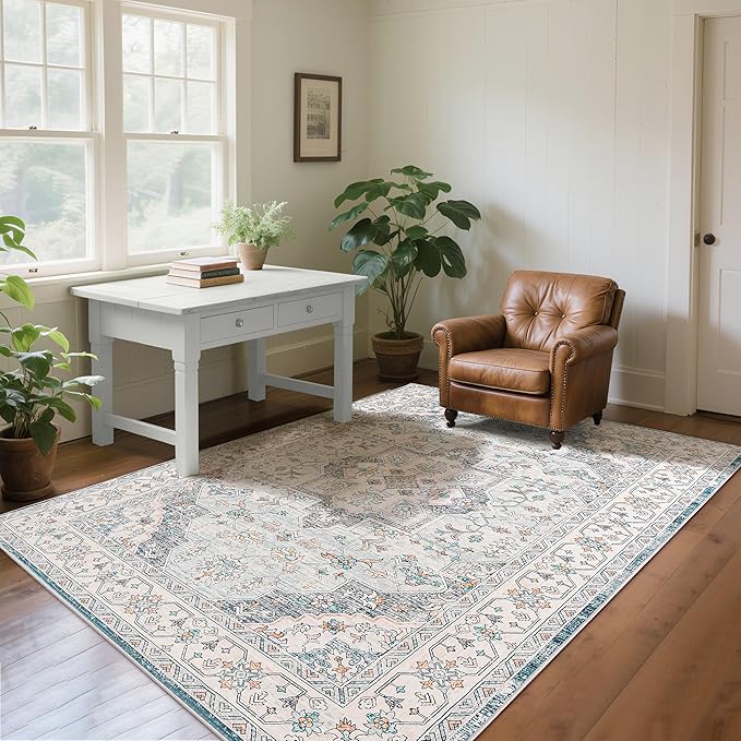 Living Room Rug 6x9 Rug, Machine Washable Area Rug Non Slip Low Pile Vintage Rug for Living Room, Bedroom, Farmhouse, Dining Room, Kids Playroom, Blue