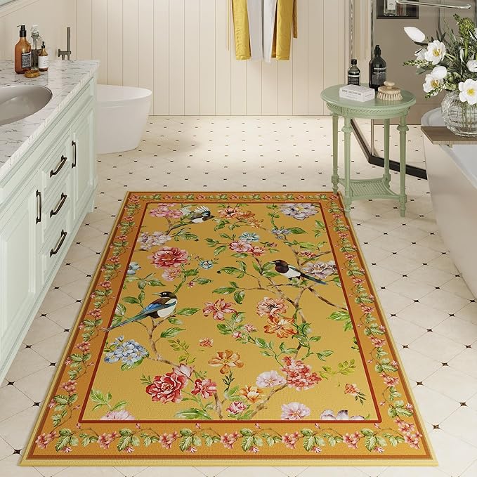 Bedroom Rug 3x5 Rug Washable Area Rug Non Slip Low Pile Floral Bird Magpies Animal Small Carpet for Bedroom, Bedside, Kitchen, Entryway, Kids Room, Office, College Dorm Essentials for Girls