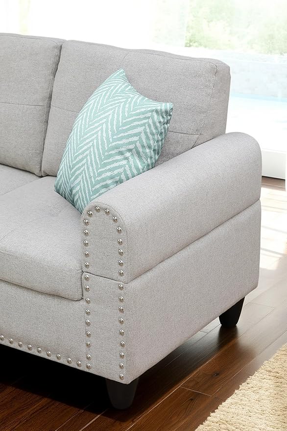 98 Inch L Shaped Sectional Sofa with Chaise Lounge, Storage Ottoman and 2 Pillows, 4-Seaters Linen Upholstered Tufted Couch w/Cupholder & Nailhead Trim for Living Room, Office, Light Gray