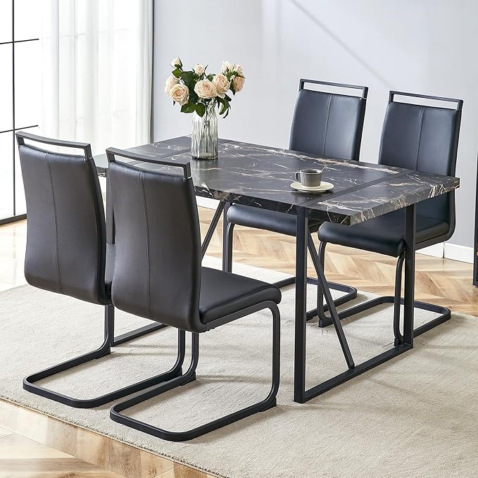 Dining Table Chairs Set for 4, Modern Rectangular Dining Room Table Set PU Leather Upholstered Dining Chairs 55" Dinner Table Set for Kitchen (B-Black, 55 inch Table + 4 Chairs)