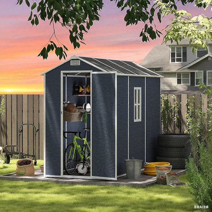 8x4 FT Outdoor Storage Resin Shed with Floor,Waterproof Plastic Garden Bike Shed with Lockable Door, Sloped Roof, Vents & Windows, Easy Assembly Tool Shed for Lawn, Backyard, Patio, Black