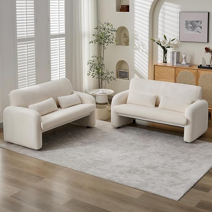 Corduroy Accent Living Room Sets, Modern Upholstered Love Seat with 2 Accent Chairs, Wide Comfy Leisure Chair Sets for Bedroom, Office, White