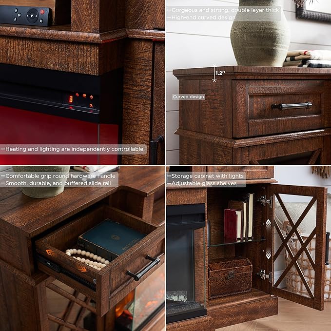 OKD 3-Sided Glass Farmhouse Fireplace TV Stand for TVs up to 80'', Highboy Entertainment Center with Glass Door Storage Cabinet, 70'' Large TV Stands with 36'' Electric Fireplace, Reclaimed Barnwood