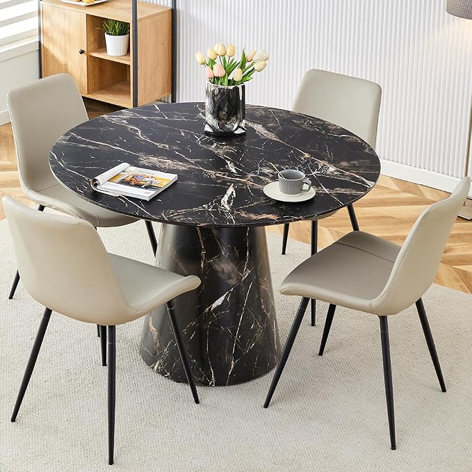 45 Inch Round Dining Table Set for 4, 5 Piece Kitchen Table and Chairs Set, Black Faux Marble Table Top, Small Space Dining Set for Apartment or Dining Room