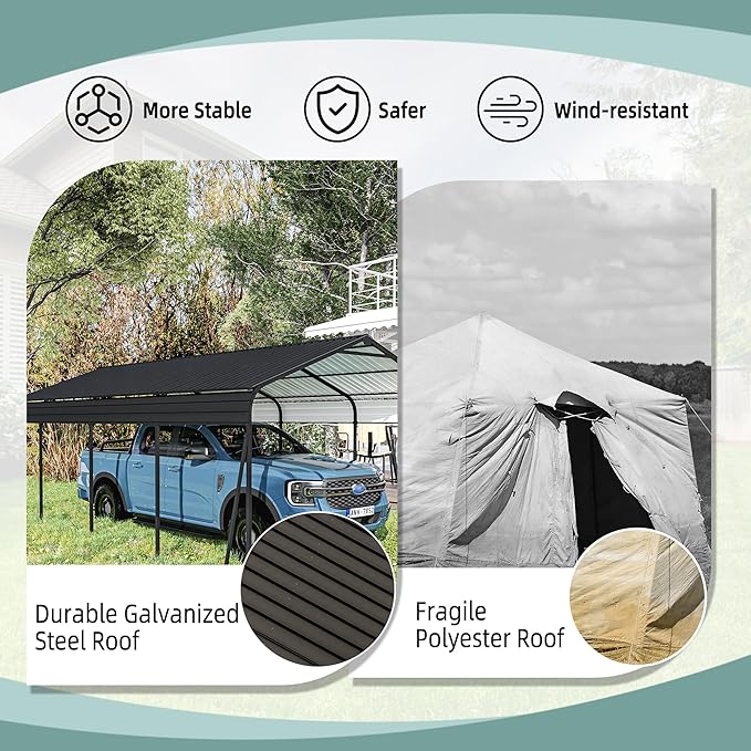 12x20 FT Metal Carport, Heavy Duty Car Port Canopy with Galvanized Steel Roof & Frame, Large Metal Carport Kit, Steel Car Shelter, Outdoor Car Garage for Car, Boat, Truck, Dark Gray