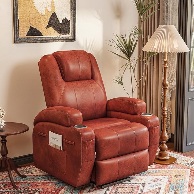Flamaker Power Lift Chair with Vibration Massage Luxurious Leathaire Fabric Electric Lift Recliner for Elderly Power Lift Recliner Chair with Cup Holders Side Pockets for Living Room (Red Brown)
