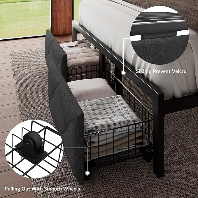 iPormis Queen Bed Frame with 2 Storage Drawers, Linen Upholstered Headboard Platform Bed with Charging Station, No Box Spring Needed, Metal Slats Support, Noise-Free, Easy Assembly, Grey