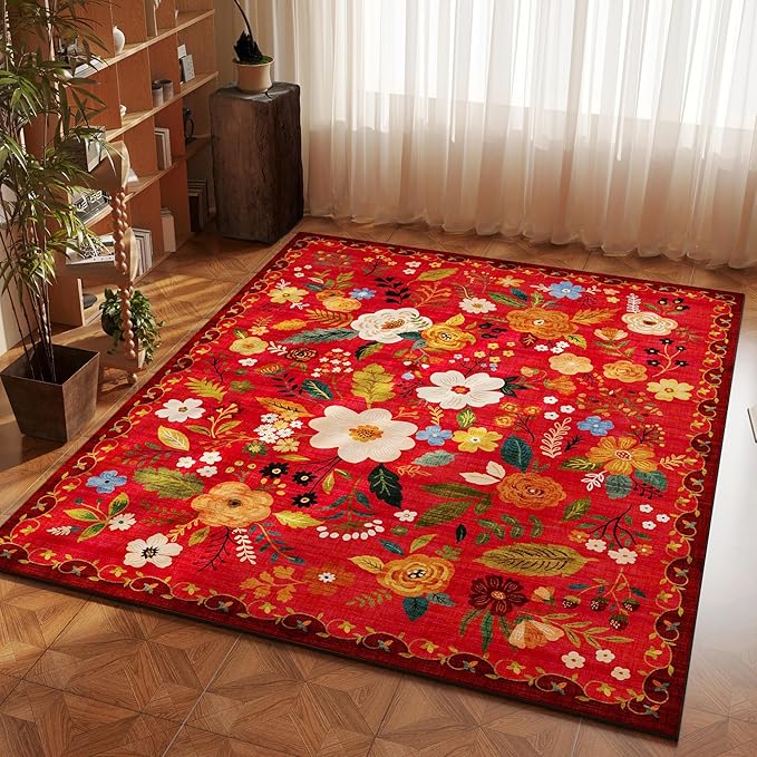 Area Rug 4x6 Rug Washable Boho Rugs Non Slip Low Pile Floral Small Carpet for Bedroom, Bedside, Kids Room, Office, Dining Room(Red)