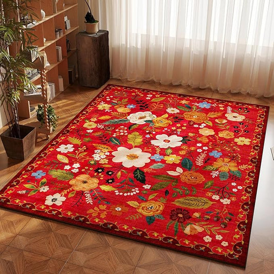 Area Rug 4x6 Rug Washable Boho Rugs Non Slip Low Pile Floral Small Carpet for Bedroom, Bedside, Kids Room, Office, Dining Room(Red)