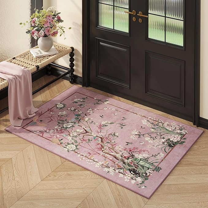 Door Mat Indoor Entrance 2x3 Rug Chinoiserie-Style Floral Vintage Machine Washable Small Area Rug Non-Slip Low Pile Throw Rugs for Entryway, Kitchen, Front Door, Entry, Kids Room, Pink