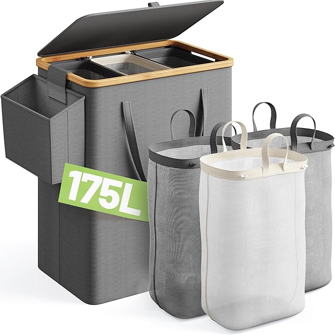 175L Laundry Hamper with Lid 3 Section, Extra Large Laundry Basket with 3 Removable Bags, 46 GAL Laundry Basket Organizer for Bedroom, Laundry Room, Dorm, Grey