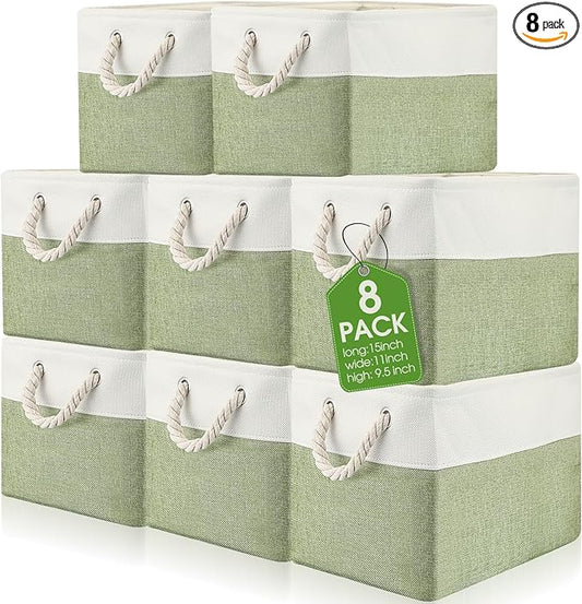 meekoo 8 Pack Collapsible Storage Bins Fabric Storage Bins Polyester Fabric Baskets with Handles Linen Closet Organizer for Shelf Home Closet Towels Toys(15 x 11 x 9.5 in,Green White)