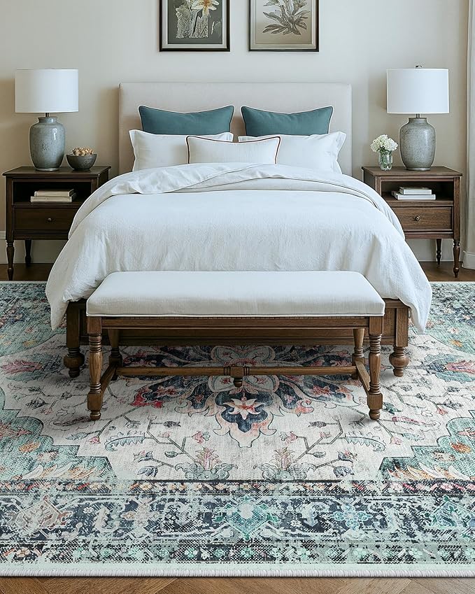 Area Rugs 10'x14' Washable Non-Slip, Floral Vintage Distress Print Pattern Medallion Carpet for Living Room Bedroom Dining Room, Green Navy Blue White Red Teal Colorful