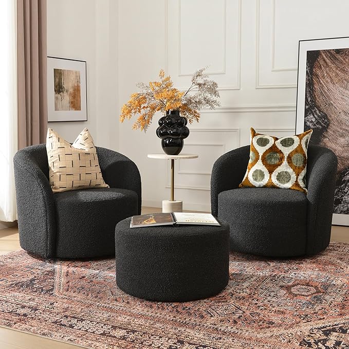 KINWELL 34" W Swivel Barrel Chair Set of 2, Mid Century Modern Round Upholstered Boucle Swivel Accent Chairs, No Assembly Sofa Chair for Living Room Bedroom Reading, Black