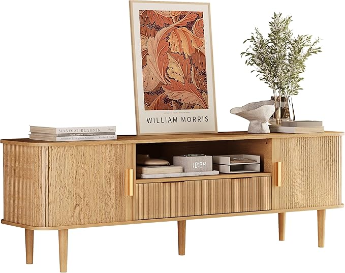 TV Stand 62.4 Inch Mid Century Modern Media Console Table with Drawer Sliding Tambour Door Farmhouse Sideboard Buffet Cabinet Fit TVs up to 75 inch Fluted Wood Entertainment Center(Oak)