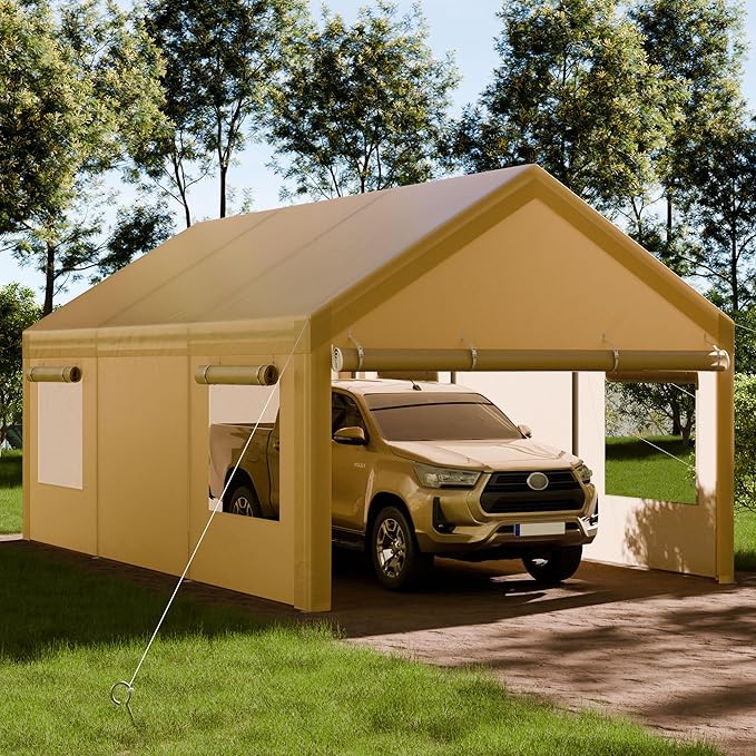 Shintenchi Carport 10' x 20' Heavy Duty Portable Garage, Car Port Canopy with Side-Opening Removable Door & Roll-Up Windows, Car Canopy for Truck,Car,Boat,Motorcycle,Khaki
