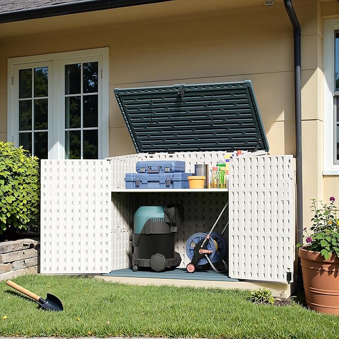 Greesum Outdoor Resin Storage Shed, 34 Cu.ft Horizontal Outdoor Storage Box Waterproof for Garden, Pool Storage, Garbage Cans, Beige