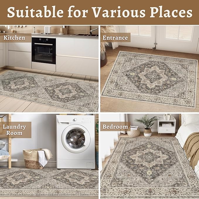 Tangsoo Washable Rug 4x6 Area Rug, Vintage Rug Indoor for Living Room, Non Slip Machine Washable Large Rugs, Soft Print Distressed Brown/Grey Farmhouse Carpet for Bedroom Dining Room Dorm Office