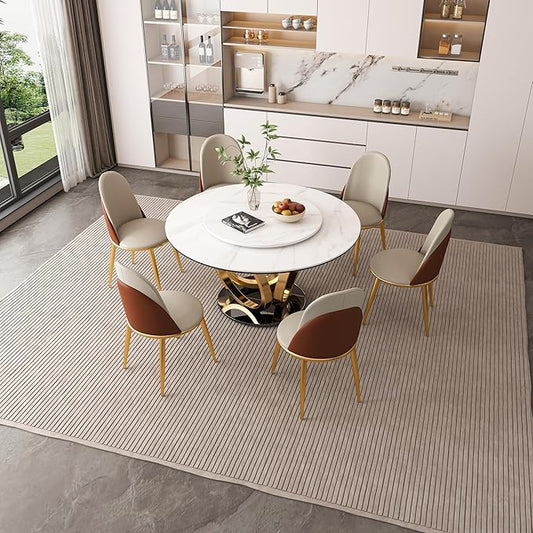 Dining Table Set with 6 Chairs, 53" Round Modern Marble Dining Table with Lazy Susan, Sintered Stone Top for Kitchen, Dining Room, Dinette