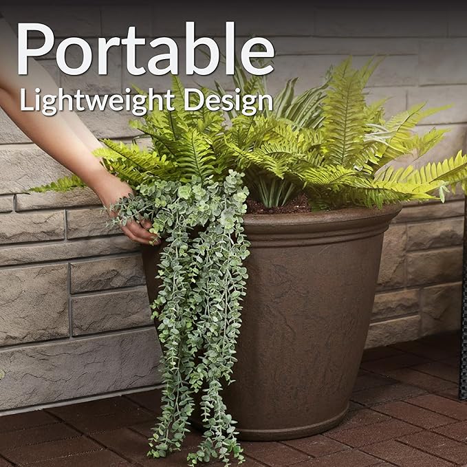 Sunnydaze 24-Inch Anjelica Large Plastic Pot for Plants - Double-Walled Outdoor Polyresin Round Planter Porch Pot with Drillable Drainage Holes - Rust - 2pk