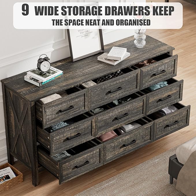 LYNSOM Farmhouse 9 Drawers Dresser for Bedroom, 55" Wide Wood Rustic Chest of Drawers with Natural Texture, Metal Handle, Storage Dressers Organizer for Entryway, Hallway, Dark Rustic Oak