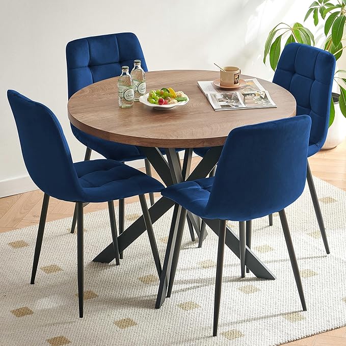 5-Piece Round Dining Table Set - Kitchen Table Chairs Set of 4 with Blue Velvet Upholstered Chairs -Dining Table Set for 4